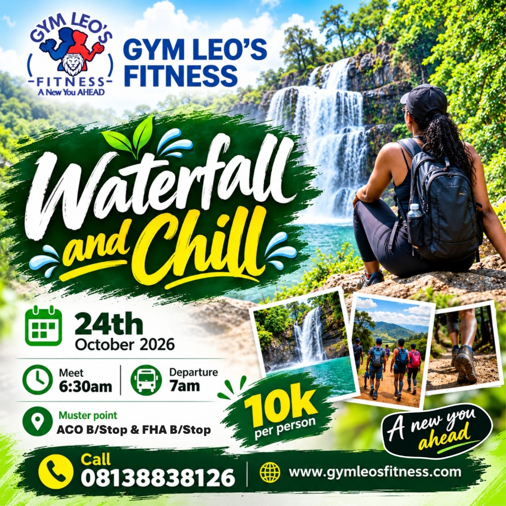 Waterfall and Chill flyer — Saturday 24 October 2026, meet 6:30 AM, ₦10,000 per person